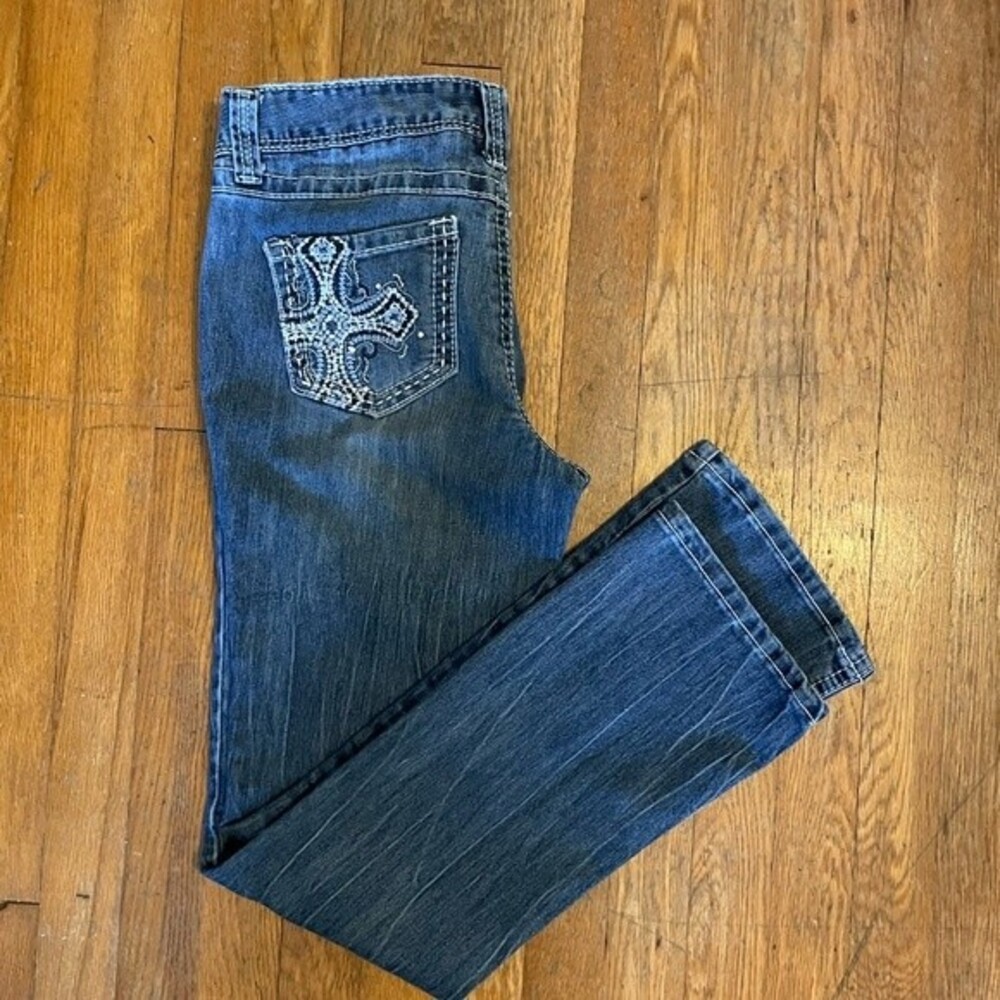 Red Camel Boho Embordered Acid Wash Bootcut Denim Womens Jeans Size 9